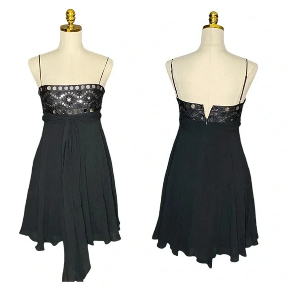 BCBGMaxazria Y2K Black 100% Silk Spaghetti Strap Fit & Flare Party Dress Size 4 - Picture 9 of 13